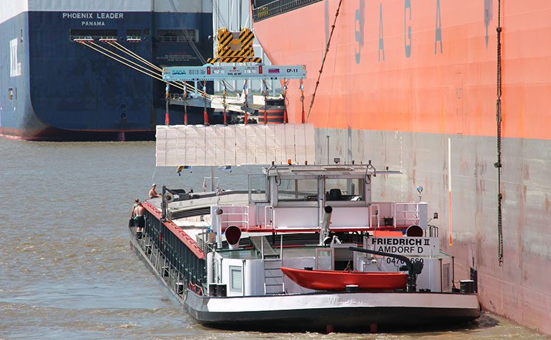 Handling of Forest Products: Forestry products being loaded from a cargo ship onto a small inland vessel using a crane