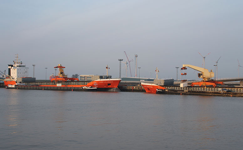 Forstprodukte: Kräne, die Forstprodukte auf anliegende Frachtschiffe am Emder Hafen laden