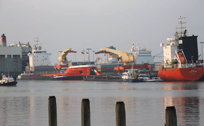 Ships Agency: Mehrere große Frachtschiffe, die am Emder Hafen anlegen